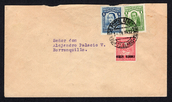 COLOMBIAN AIRMAILS - SCADTA - 1932 - CANCELLATION: Cover franked with 1917 1c green, 1923 4c blue and 1932 20c rose red AIR issue (SG 358, 395 & 416) tied by PTO BERRIO SCADTA cds dated 1 IV 1932. Addressed to BARRANQUILLA with arrival cds on reverse.  (COL/35198)