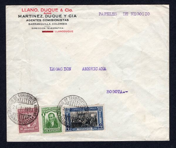 COLOMBIAN AIRMAILS - SCADTA - 1931 - RATE: Unsealed business cover with typed 'PAPELES DE NEGOCIO' at top franked with 1917 1c green & 1930 4c black & blue plus a single SCADTA 1929 10c red brown (SG 358, 412 & 57) all tied by BARRANQUILLA SCADTA cds's dated 21 1 1931. Addressed to BOGOTA with arrival cds on reverse.  (COL/35201)