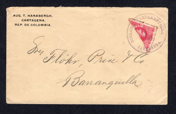COLOMBIAN STATES - BOLIVAR - 1898 - BISECT: Cover with printed 'Aug T. Hanabergh Cartagena, Rep. de Colombia' return address at top left franked with diagonally BISECTED 1891 10c red (SG 58) tied by large CORREOS DEPARTAMENTALES CARTAGENA cds dated JUN 2 1898. Addressed to BARRANQUILLA. Fine & very scarce.  (COL/35204)