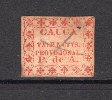 COLOMBIAN STATES - CAUCA - 1890 - PROVISIONAL ISSUE: 5c red on thick buff paper 'Provisional' issue inscribed 'CAUCA VALE 5 CTVS. PROVISIONAL P. de A.'. A fine used example with neat manuscript 'X' cancel. Rare.  (COL/36310)