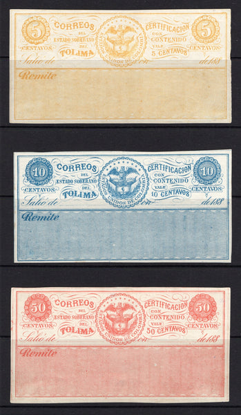 COLOMBIAN STATES - TOLIMA - 1893 - CUBIERTAS: 5c yellow, 10c blue and 50c red 'Cubierta' issue (H&G MCC6/8), the set of three fine mint with gum. Odd small thin.  (COL/36311)