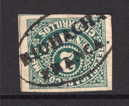 COLOMBIA - 1887 - POSTAL REVENUE & CANCELLATION: 2c green 'Cigarrillos' REVENUE issue used with fine complete strike of oval RIOHACHA FRANCA postal cancel. Four margins. (Anyon #3)  (COL/36312)