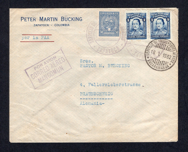 COLOMBIAN AIRMAILS - SCADTA - 1932 - CANCELLATION: Cover franked with 1923 2 x 4c blue national issue and 1929 30c grey blue SCADTA issue (SG 395 & 60) tied by two fine strikes of large undated SERVICIO TRANSPORTES AEREOS ZAPATOCA cancel in purple. Addressed to GERMANY with BUCARAMANGA SCADTA transit cds on front and BARRANQUILLA SCADTA transit cds and Germany arrival cds on reverse along with boxed 'Kolumbianische Luftpost 10 Tage Zeitgewinn ! Tarif und Annahme durch Indes Dostamt' publicity cachet. A rar