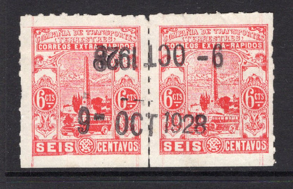 COLOMBIAN PRIVATE EXPRESS COMPANIES - 1928 - COMPANIA DE TRANSPORTES TERRESTRES: 6c red 'Compania de Transportes Terrestres' EXPRESS issue, ROULETTED, a fine used pair with two strikes of straight line '9- OCT 1928' date cancel. (Hurt & Williams #S15b)  (COL/37068)