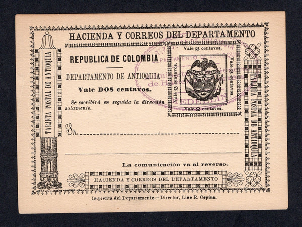 COLOMBIAN STATES - ANTIOQUIA - 1899 - POSTAL STATIONERY: 2c black on buff 'Typeset' postal stationery card (H&G 1) with oval control mark in purple. A fine unused example.  (COL/37071)