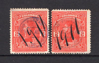 COLOMBIA - 1910 - TRAVELLING POST OFFICES & CANCELLATION: 2c scarlet 'Centenary of Independence' issue two fine used copies each with central strike of undated SERVICIO POSTAL FERREO ANULADA cds in purple and '1911' date in manuscript. (SG 347)  (COL/37264)