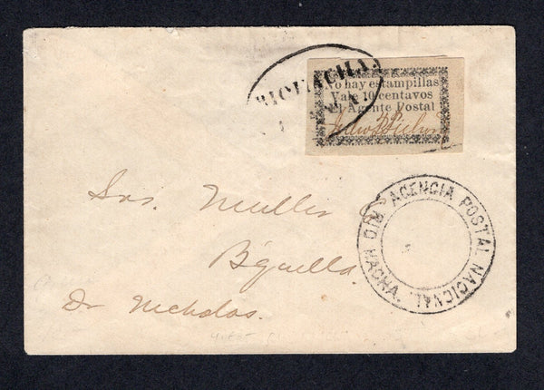 COLOMBIA - 1900 - POSTMASTER PROVISIONALS: 'Dr Nicholas' cover franked with fine four margin 1899 10c black on greyish 'No hay estampillas Vale 10 centavos El Agente Postal' provisional issue signed by the postmaster and tied by oval RIOHACHA FRANCA cancel in black with undated AGENCIA POSTAL NACIONAL RIOHACHA cds alongside. Addressed to BARRANQUILLA.  (COL/37340)
