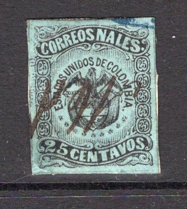 COLOMBIA - 1870 - CLASSIC ISSUES: 25c black on blue, a four margin copy used on piece with part MEDELLIN manuscript cancel. (SG 67)  (COL/37704)