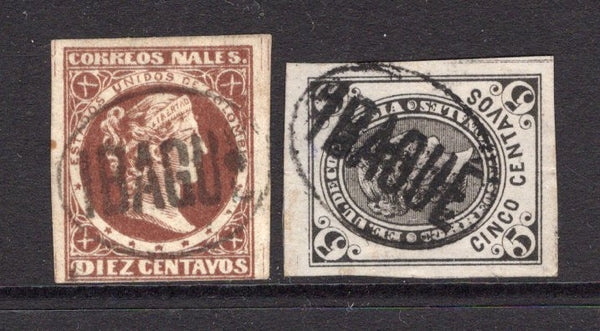 COLOMBIA - 1876 - CANCELLATION: 10c bistre brown on white wove paper and 1881 5c black on lilac 'Liberty' issue both used with fine complete strikes of oval IBAGUE cancel in black. (SG 85 & 104)  (COL/37716)