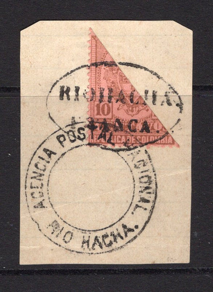 COLOMBIA - 1900 - BISECT: Small piece franked with fine 1898 10c brown on rose diagonally BISECTED and tied by oval RIOHACHA FRANCA cancel and undated AGENCIA POSTAL NACIONAL RIOHACHA cds both in black. (SG 173)  (COL/37718)