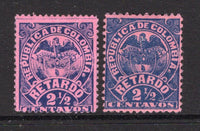 COLOMBIA - 1892 - LATE FEE ISSUE: 2½c blue on rose 'Late Fee' issue, two fine mint copies perf 13½ and perf 12. (SG L167 & L167a)  (COL/37719)