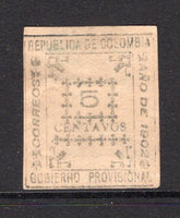 COLOMBIA - 1902 - 1000 DAYS WAR & PROVISIONAL ISSUE: 5c grey blue on toned 'Tumaco' typeset PROVISIONAL issue, a fine unused example. Small hinge thin on reverse but a rare stamp. (SG 191p)  (COL/37722)