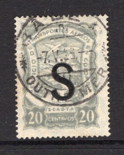 COLOMBIAN AIRMAILS - SCADTA - 1922 - CONSULAR ISSUE: 20c grey Scadta 'Consular' issue with 'S' machine overprint in black for use in SWITZERLAND & LICHTENSTEIN, a superb used copy with BASEL cds dated 7 V 1925. (SG 29L)  (COL/37752)