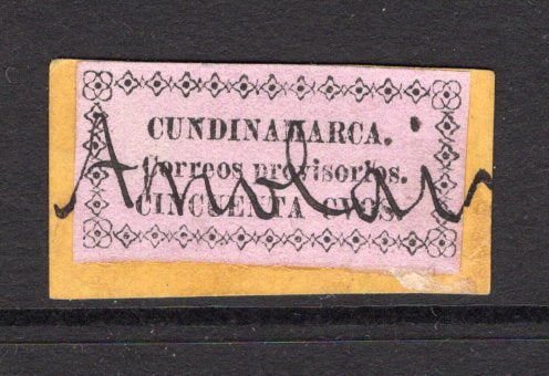 COLOMBIAN STATES - CUNDINAMARCA - 1883 - TYPESET ISSUE: 50c black on rose 'Typeset' PROVISIONAL issue a superb used copy tied on small piece by ANOLAIMA manuscript cancel. Four margins. A rare cancel and an underrated issue. (SG 10a)  (COL/37757)