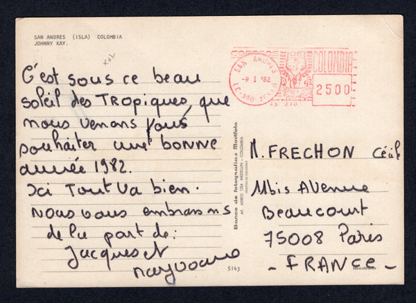 COLOMBIA - 1982 - ISLAND MAIL: Colour 'Tropical Island' PPC inscribed 'San Andres (Isla) Colombia, Johnny Kay' used with SAN ANDRES 25p meter mark in red dated 9. I. 1982. Addressed to FRANCE.  (COL/37782)