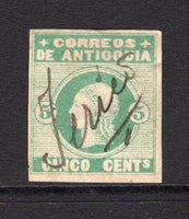 COLOMBIAN STATES - ANTIOQUIA - 1875 - CLASSIC ISSUES: 5c green on wove paper with coloured figures of value, a fine used copy with JERICO manuscript cancel, four large margins. (SG 24)  (COL/38005)