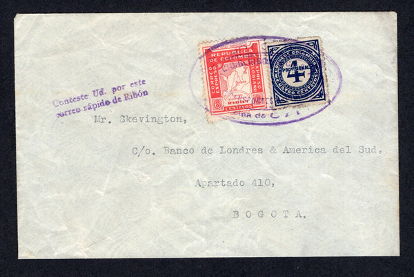 COLOMBIAN PRIVATE EXPRESS COMPANIES - 1929 - RIBON: Cover franked with 1923 4d deep blue national issue (SG 411) and 1930 6c red 'Ribon' EXPRESS issue (Hurt & Williams #4) tied by large oval EXPRESO COLOMBIANO DE RIBON OFICINA DE CALI cancel in purple with good strike of two line 'Conteste Ud. por este correo rapido de Ribon' marking in purple alongside. Addressed to BOGOTA with boxed arrival mark on reverse. Very fine & scarce.  (COL/38107)