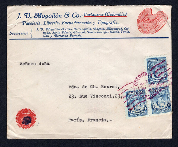 COLOMBIA - 1928 - PERFIN: Printed blue & red 'J. V. Mogollon & Co. Cartagena Colombia Papeleria, Libreria, Encuadernacion y Tipografia' cover with Remmington Typewriter Advert at lower left franked with strip of three 1923 4c blue (SG 395) with 'J.V.M.' PERFINS tied by CARTAGENA cds in purple. Addressed to FRANCE with arrival cds on reverse.  (COL/38109)