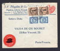 COLOMBIA - 1928 - MARITIME & PERFIN: Printed blue & red 'J. V. Mogollon & Co. Cartagena Colombia Papeleria, Libreria, Encuadernacion y Tipografia' cover with Remmington Typewriter Advert at lower left franked with pair 1923 3c blue and pair 1925 1c on 3c brown (SG 394 & 405, the 3c pair damaged before being affixed to the cover) all with 'J.V.M.' PERFINS tied by UNITED FRUIT COMPANY POSTED ON THE HIGH SEAS PURSER S.S. CARRILLO STEAMSHIP SERVICE cds in black dated FEB 20 1921. Addressed to FRANCE.  (COL/381