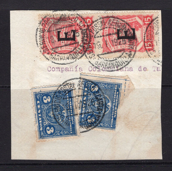 COLOMBIAN AIRMAILS - SCADTA - 1923 - CONSULAR ISSUE: 15c carmine red Scadta 'Consular' issue with 'E' overprint for use in SPAIN, a fine pair tied on piece with 2 x 1924 3c blue Colombian national issue by three strikes of BARRANQUILLA SCADTA cds dated 19. 1. 1925. (SG 28E & 404)  (COL/38438)