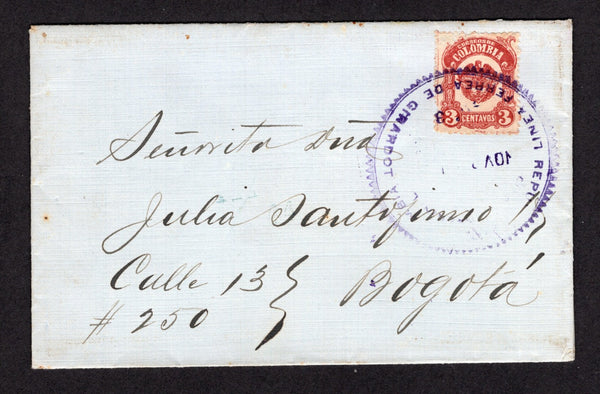 COLOMBIA - 1919 - TRAVELLING POST OFFICES: Cover franked with single 1918 3c lake 'Bogota' PROVISIONAL issue (SG 378, scuffed corner) tied by good strike of large REPUBLICA DE COLOMBIA LINEA FERREA DE GIRADOT cds dated NOV 1919. Addressed to BOGOTA with boxed CORREO URBANOS SECCION CENTRAL arrival mark and additional boxed BOGOTA arrival mark on reverse. A very rare TPO cancel.  (COL/38469)