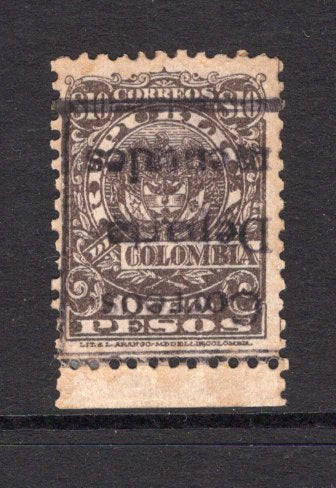COLOMBIA - 1909 - DEPARTMENTAL ISSUE: 10p brown on pale salmon 'Medellin' 1000 DAYS WAR issue with boxed 'CORREOS DEPARTA MENTALES' official opt in black, a fine unused copy with variety OVERPRINT INVERTED. Very scarce. (SG D309 variety)  (COL/38633)