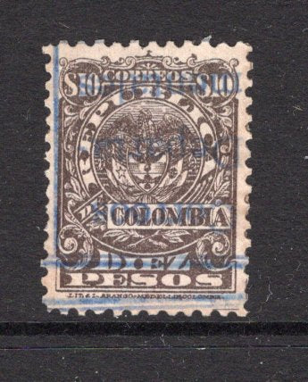 COLOMBIA - 1909 - DEPARTMENTAL ISSUE: 10p brown on pale salmon 'Medellin' 1000 DAYS WAR issue with boxed 'CORREOS DEPARTA MENTALES' official opt in blue, a fine unused copy with variety OVERPRINT INVERTED. Very scarce. (SG D309 variety)  (COL/38634)