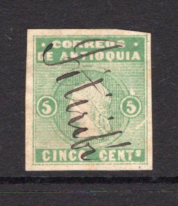 COLOMBIAN STATES - ANTIOQUIA - 1875 - CLASSIC ISSUES: 5c green on wove paper with white figures of value, a fine used copy with TITIRIBI manuscript cancel, four large margins. (SG 23)  (COL/38635)