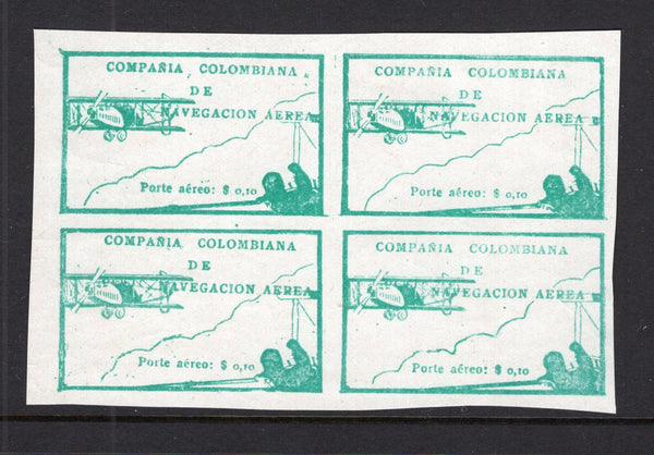 COLOMBIAN AIRMAILS - CCNA - 1920 - VALIENTE ISSUE & MULTIPLE: 10c green 'Pilot signalling biplane' issue printed from the Curtis design by Valiente, a fine unused block of four. A rare multiple. (SG 10)  (COL/38697)