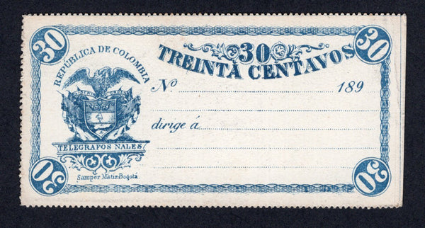 COLOMBIA - 1894 - POSTAL STATIONERY & TELEGRAPH: 30c blue postal stationery telegraph card (H&G H4) perforated. A fine unused example. Uncommon item.  (COL/39007)