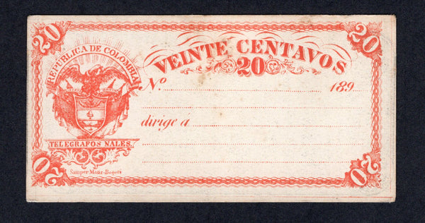 COLOMBIA - 1894 - POSTAL STATIONERY & TELEGRAPH: 20c orange red postal stationery telegraph card (H&G H2) imperf. A fine used example. Some light tone spots but uncommon item.  (COL/39008)