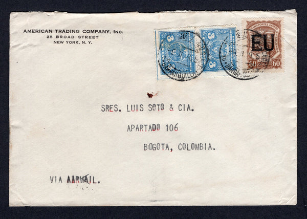 COLOMBIAN AIRMAILS - SCADTA - 1925 - CONSULAR OVERPRINTS: Cover from NEW YORK with 'American Trading Company Inc, 25 Broad Street, New York, N.Y.' printed return address at top left franked with pair 1924 3c blue national issue and 1923 60c yellow brown SCADTA issue with 'EU' consular overprint for use in the USA (SG 404 & 32F) tied by BARRANQUILLA SCADTA cds's dated 9. 11. 1925. Addressed to BOGOTA with arrival cds on reverse. The American Trading Co. were one of the SCADTA agents in New York.  (COL/39012)