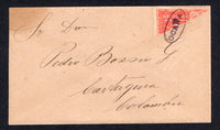 COLOMBIAN STATES - SANTANDER - 1903 - POSTAL FISCAL & BISECT: Cover franked with diagonally BISECTED 1903 50c red 'Postal Fiscal' (SG F20) tied by fine oval OCANA cancel in purple. Addressed CARTAGENA with arrival cds in blue on reverse dated OCT 15 1903. Very scarce.  (COL/39013)