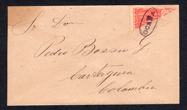 COLOMBIAN STATES - SANTANDER - 1903 - POSTAL FISCAL & BISECT: Cover franked with diagonally BISECTED 1903 50c red 'Postal Fiscal' (SG F20) tied by fine oval OCANA cancel in purple. Addressed CARTAGENA with arrival cds in blue on reverse dated OCT 15 1903. Very scarce.  (COL/39013)