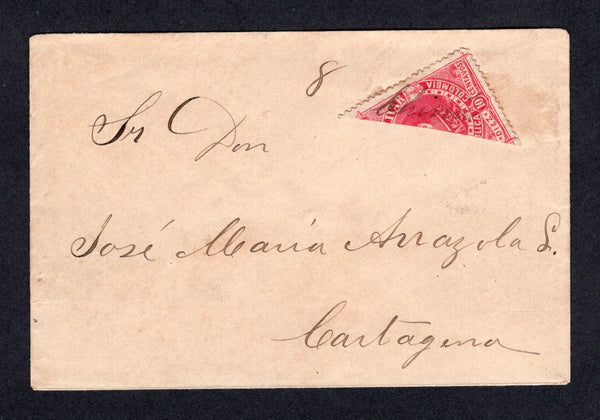 COLOMBIAN STATES - BOLIVAR - 1892 - BISECT: Circa 1892 small cover franked with diagonally BISECTED 1891 10c red (SG 58) cancelled by 'CHINU' manuscript cancel with small '8' in manuscript alongside. Addressed to CARTAGENA. Fine & scarce.  (COL/39014)