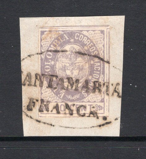 COLOMBIA - 1865 - CLASSIC ISSUES & CANCELLATION: 10c lilac, a fine four margin copy tied on piece by complete strike of oval SANTAMARTA FRANCA cancel in black. (SG 34a)  (COL/39015)