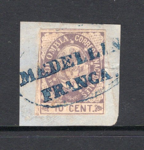 COLOMBIA - 1865 - CLASSIC ISSUES: 10c lilac, a fine four margin copy tied on piece by complete strike of oval MEDELLIN FRANCA cancel in blue. (SG 34a)  (COL/39016)