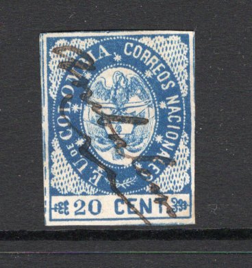 COLOMBIA - 1865 - CLASSIC ISSUES & CANCELLATION: 20c blue, a fine four margin copy used with AMBALEMA manuscript cancel. Very fine. (SG 35)  (COL/39017)
