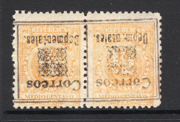 COLOMBIA - 1909 - DEPARTMENTAL ISSUES & VARIETY: ½c yellow 'Numeral' issue, Type 2, a fine mint pair with ornamental boxed 'CORREOS DEPMENTALES' official overprint in black with variety OVERPRINT INVERTED. (SG D319 variety)  (COL/39021)