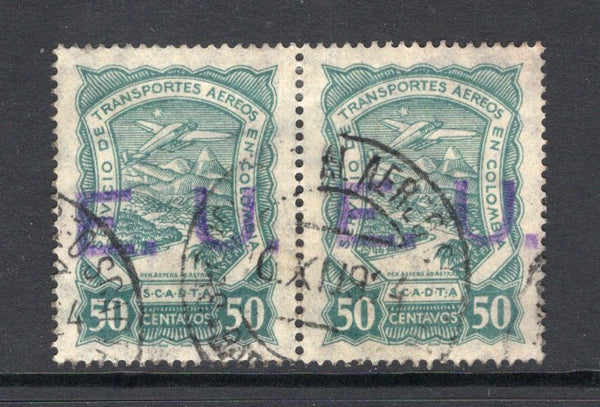 COLOMBIAN AIRMAILS - SCADTA - 1923 - CONSULAR ISSUE: 50c dull green Scadta 'Consular' issue with 'E. U.' handstamp in violet for use in the USA, a fine used pair with BARRANQUILLA cds dated 6. XI. 1924. (SG 49K)  (COL/39022)