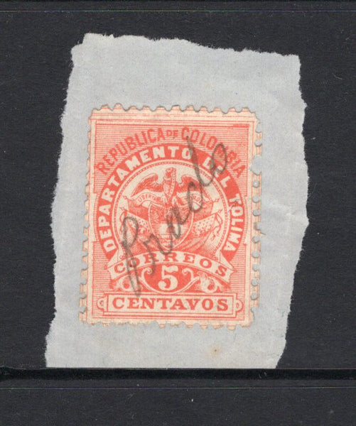 COLOMBIAN STATES - TOLIMA - 1888 - CANCELLATION: 5c vermilion, perf 10½-11 used on piece with PRADO manuscript cancel. Uncommon. (SG 63)  (COL/39025)