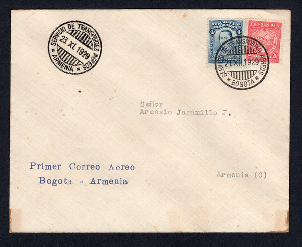 COLOMBIAN AIRMAILS - SCADTA - 1929 - FIRST FLIGHT: 21st December cover franked 1923 4c blue (SG 395) and SCADTA 1929 20c red (SG 59) both tied by BOGOTA cds flown on the BOGOTA - ARMENIA first flight with 'Primer Correo Aereo Bogota - Armenia' cachet and arrival cds on front. (Muller #63 Only 150 covers flown)  (COL/392)