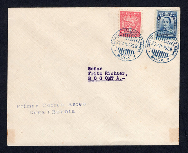 COLOMBIAN AIRMAILS - SCADTA - 1929 - FIRST FLIGHT: 22nd December cover franked 1923 4c blue (SG 395) and SCADTA 1929 20c red (SG 59) both tied by blue BUGA cds's flown on the BUGA - BOGOTA first flight with 'Primer Correo Aereo Buga - Bogota' cachet and arrival cds on reverse. (Muller #64a Only 200 covers flown)  (COL/393)