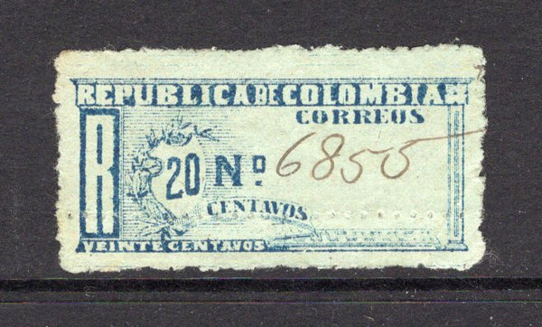 COLOMBIA - 1902 - 1000 DAYS WAR & REGISTRATION ISSUE: 20c blue on blue 'Bogota' REGISTRATION issue, pinperf, a fine used copy with '6855' registration number in manuscript. (SG R208B)  (COL/39425)