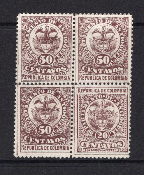 COLOMBIAN STATES - ANTIOQUIA - 1889 - VARIETY: 50c brown violet in a block of four with the 20c brown violet ERROR OF COLOUR. This variety arose from a 20c cliché being included in the 50c sheet in error. A very fine unused block of four. Rare and underrated. (SG 79 & 79a)  (COL/39426)