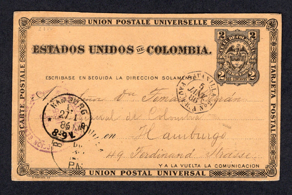 COLOMBIA - 1885 - MARITIME: 2c black on yellow buff postal stationery card (H&G 8) used with large BOGOTA cds in purple dated DEC 17 1885. Addressed to GERMANY with fine strike of octagonal SAVANILLA PAQ FR A No.2 French maritime cds dated 5 JAN 1886 with BARRANQUILLA transit cds and German arrival cds both on front.  (COL/39489)
