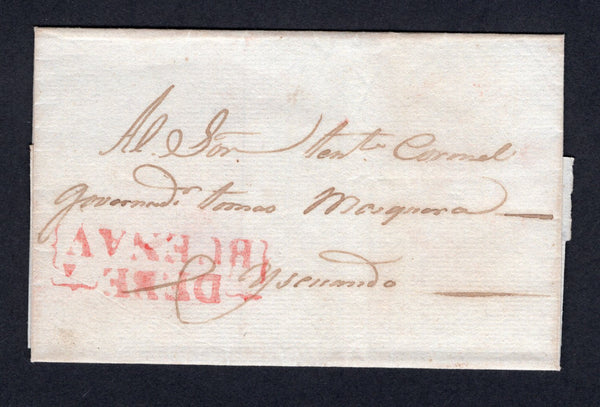 COLOMBIA - 1825 - PRESTAMP: Circa 1825. Cover from BUENAVENTURA to POPAYAN with fine strike of partially framed DEBE BUENAVA marking in red. Uncommon.  (COL/39491)