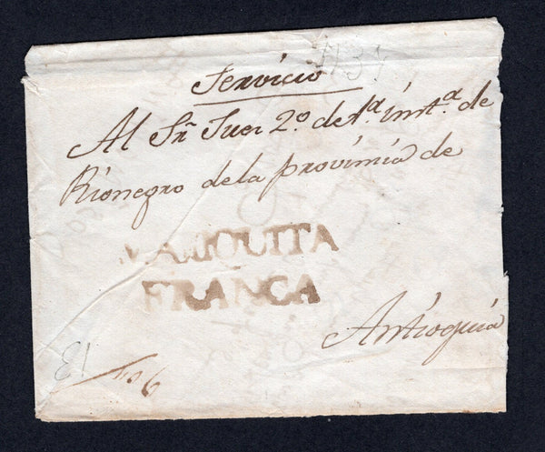 COLOMBIA - 1834 - PRESTAMP: Circa 1834. Cover with manuscript 'Servicio' at top sent from MARIQUITA to ANTIOQUIA with good strike of two line MARIQUITA FRANCA marking in black. Very scarce.  (COL/39492)