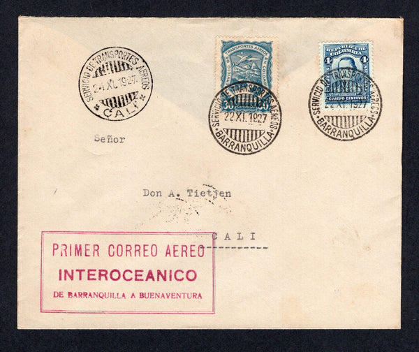 COLOMBIAN AIRMAILS - SCADTA - 1927 - FIRST FLIGHT: 22nd November cover franked 1923 4c blue (SG 395) and SCADTA 1923 30c blue (SG 41) both tied by BARRANQUILLA cds's. Addressed to CALI flown on the BARRANQUILLA - CALI - BUENAVENTURA Survey flight between the Atlantic & Pacific Oceans with boxed 'Primer Correo Aereo Interoceanico de Barranquilla a Buenaventura' cachet in red and arrival cds on reverse. (Muller #42 rated 750pts)  (COL/394)
