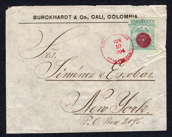 COLOMBIA - 1904 - 1000 DAYS WAR & INFLATIONARY PERIOD: Cover franked with single 1902 5p blue green on bluish 'Bogota' 1000 DAYS WAR issue (SG 203A) tied by CALI (CAUCA) cds in red dated JUN 10 1904. Addressed to USA with arrival cds on reverse. Very attractive.  (COL/39529)